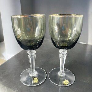 Sasaki Glass Platinum Rim Smokey Green Black Goblet Glasses Cups 6inch Set 2 VTG